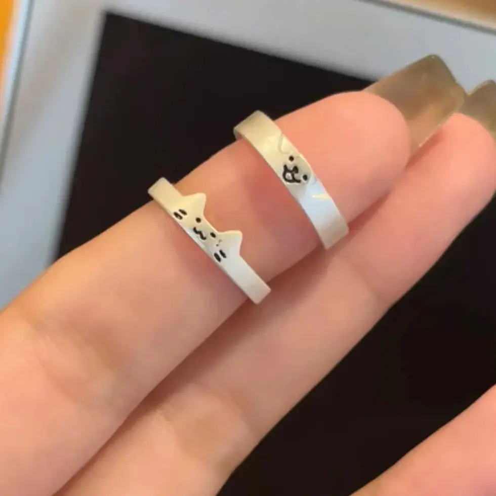 Thumbnail: Korean Sliver Color Cat Dog Rings for Women Men Simplicity Cartoon Couple Ring F