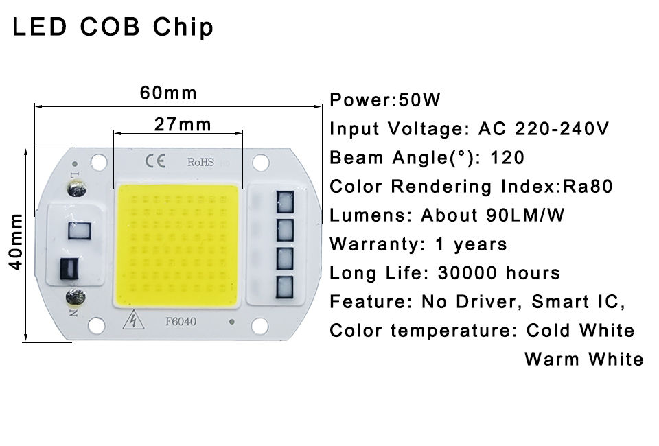 Thumbnail: LED Chip COB lamp 10W 20W 30W 50W AC 220V 240V IP65 Smart IC No Need Driver DIY 