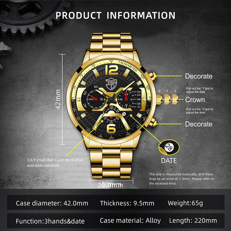 5PCS Set DEYROS Fashion Mens Calendar Watches Men Business Stainless Steel Quart