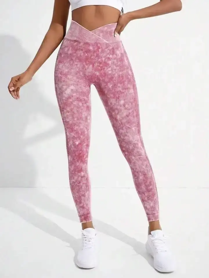 Thumbnail: Women's High Waist Yoga Pants Seamless Washed Gym Fitness Scrunch Butt V Cut Leg