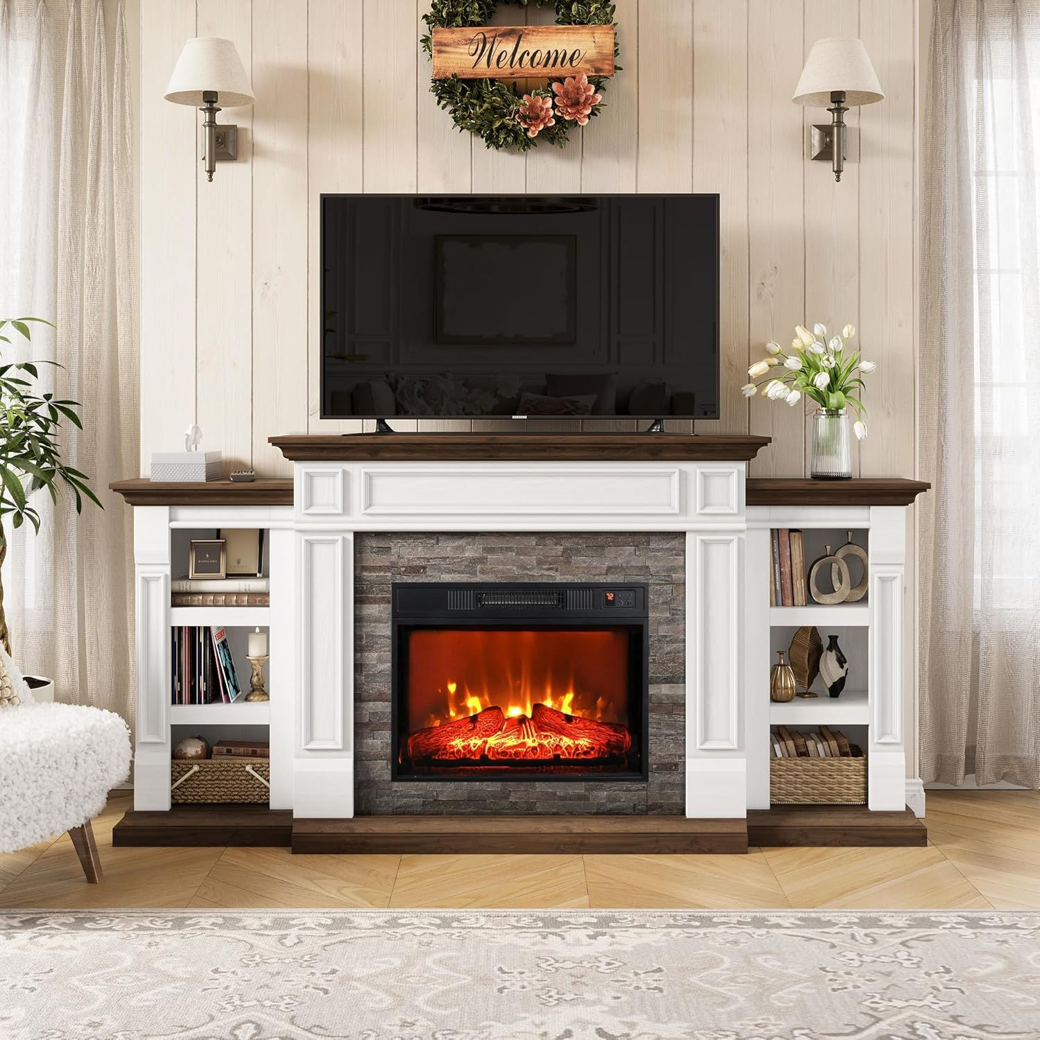 72" Electric Fireplace with Mantel and Cabinets, Fireplace TV Stand for Living R