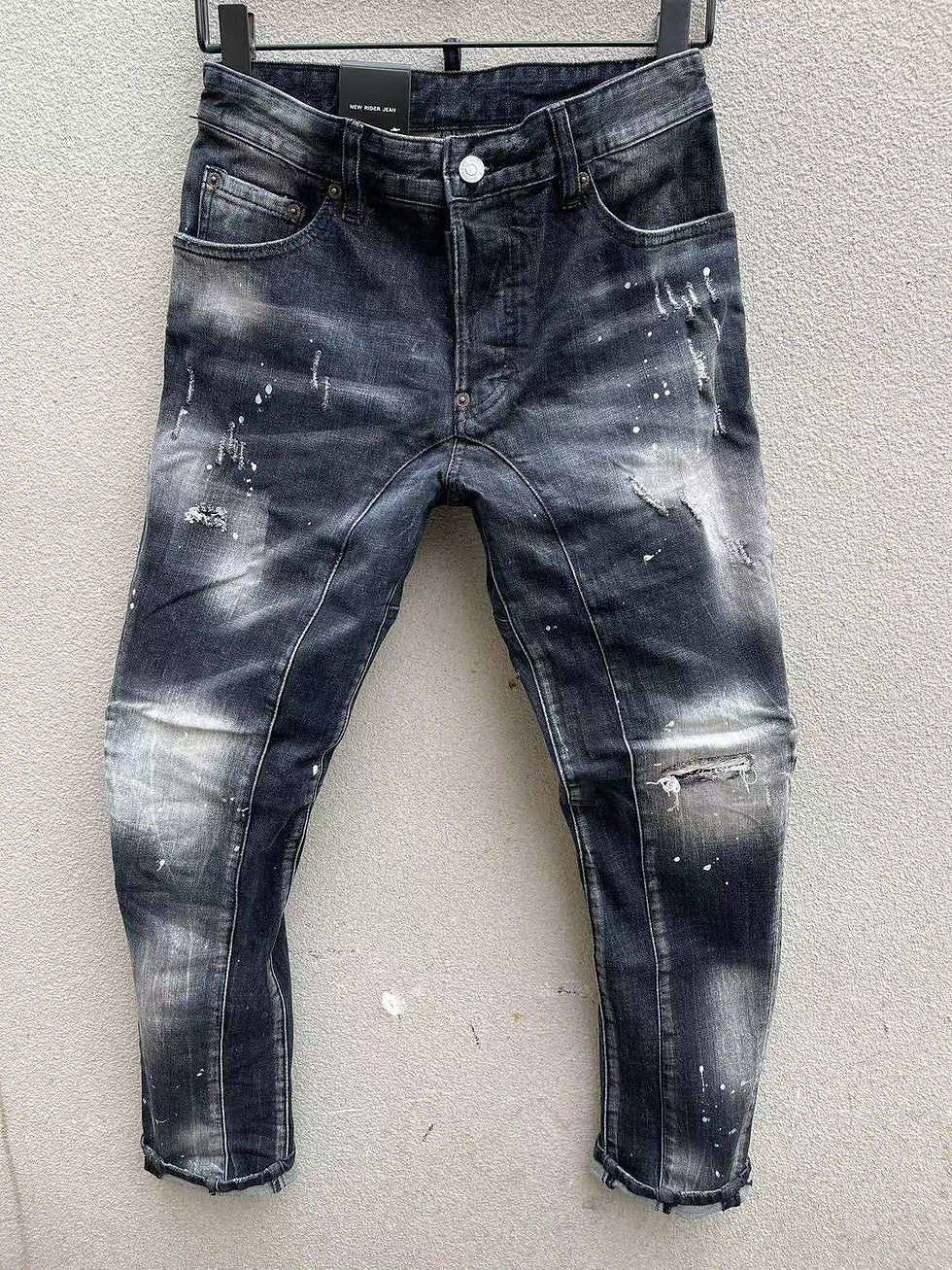 Thumbnail: Men Black Ripped Denim Jeans Italian High Street Style Holes Jeans Denim Pants H