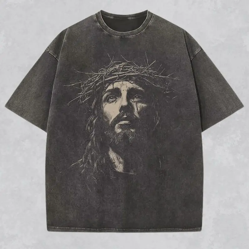 Jesus Acid Washed Heavyweight Cotton Shirt, Christian Streetwear Religious Gift
