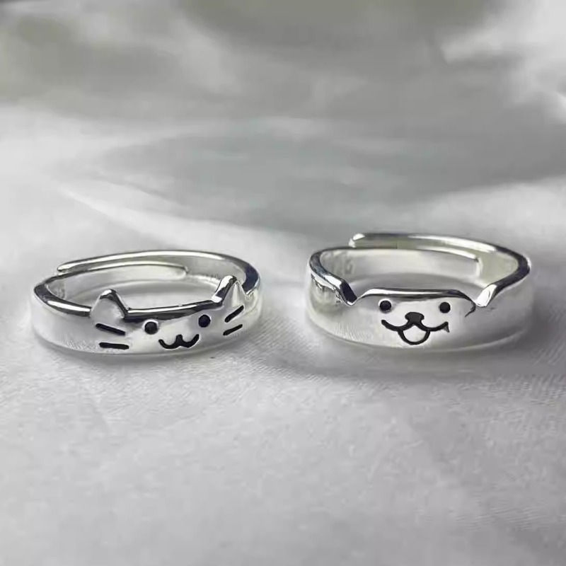 Thumbnail: Korean Sliver Color Cat Dog Rings for Women Men Simplicity Cartoon Couple Ring F