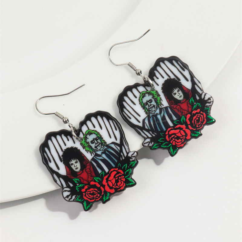 Thumbnail: Goth Horror Movie Character Acrylic Dangle Earrings for Women Creative Heart Ros