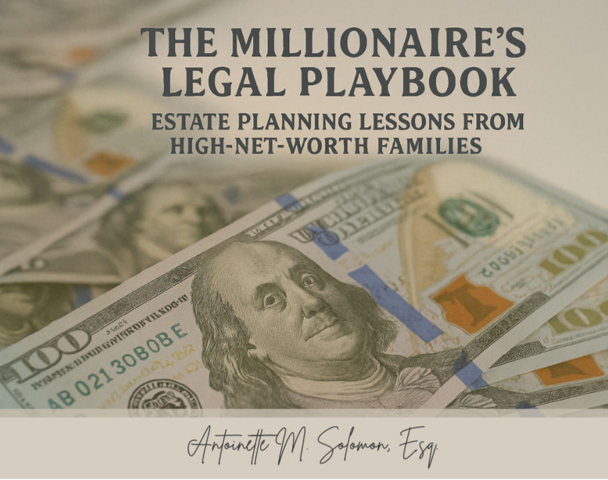 Stack of $100 bills with "The Millionaire's Legal Playbook: Estate Planning Lessons" text. Author's name below. Wealth-related theme.