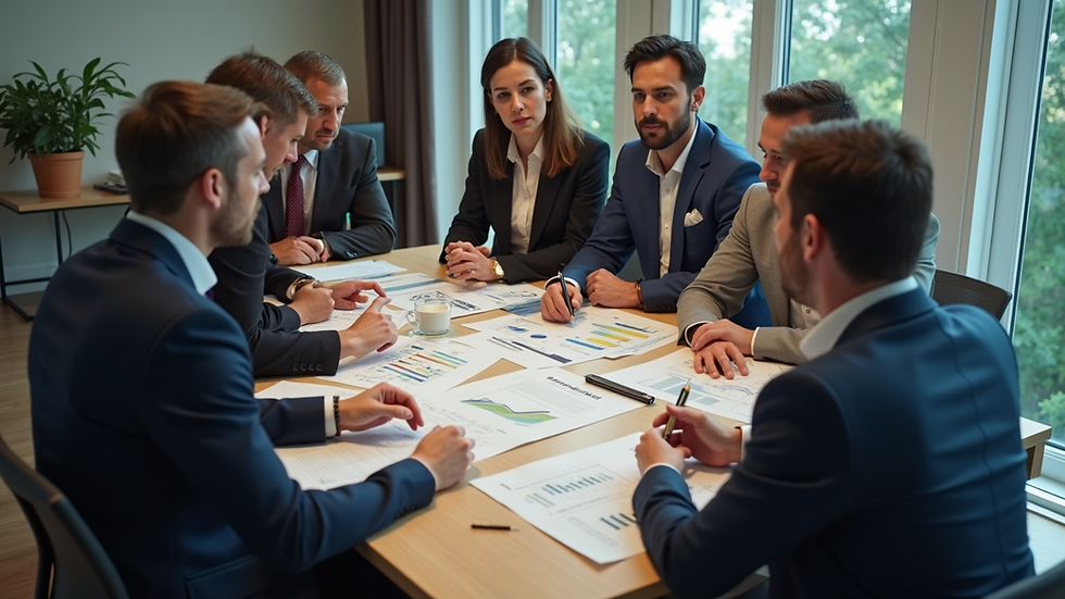 High angle view of a diverse group of people discussing investment strategies