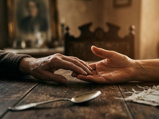 Gros plan sur deux mains âgées se séparant doucement sur une table en bois, illustrant la rupture familiale et les non-dits qui s'effacent devant une lumière dorée de libération.