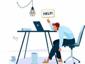 Dessin d'un homme stressé au bureau avec pancarte Help illustrant le besoin de relaxation énergétique - René Dheure