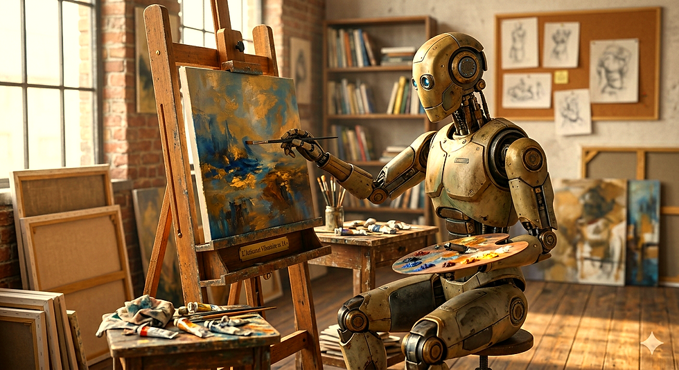 L'image montre un robot en laiton brossé, de style légèrement vintage avec des yeux bleus lumineux, assis sur un tabouret devant un grand chevalet en bois. Il tient une palette de couleurs et un pinceau, appliquant de la peinture sur une toile qui représente un paysage abstrait bleu et doré. L'atelier est chaleureux, avec de la lumière naturelle, des murs en briques, des étagères remplies de livres et de nombreux tubes de peinture et pinceaux usés éparpillés.