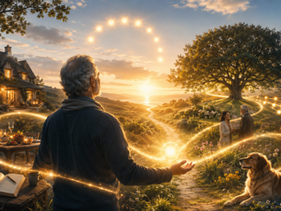 Un homme accueille une boule de lumière au cœur d’un paysage réunissant foyer, nature, musique et relations, symboles d’abondance positive en tout.