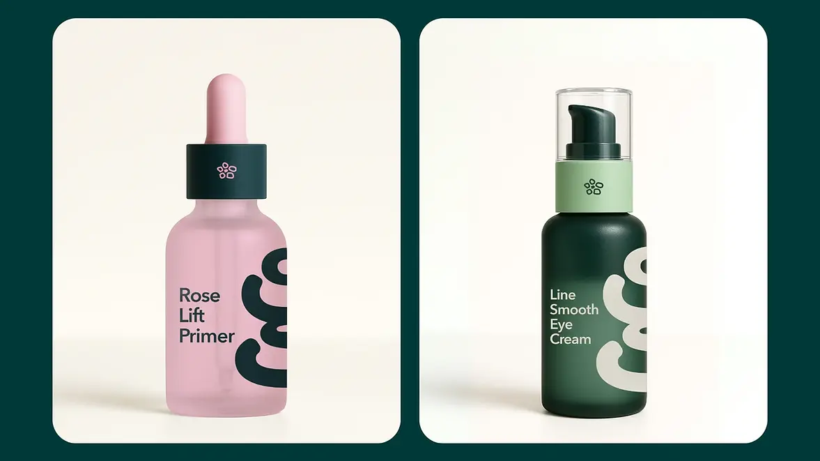 Mockup comparativo de produtos We Glow: Primer Rose Lift em frasco de vidro fosco rosa e Creme para Olhos em embalagem verde 