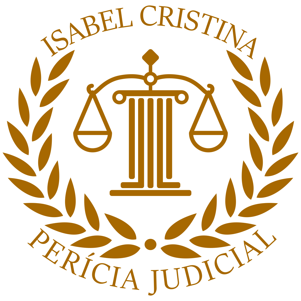 Logotipo de Isabel Cristina Perícia Judicial, com símbolo de balan ça da justiça sobre coluna clássica, cercado por ramos de l