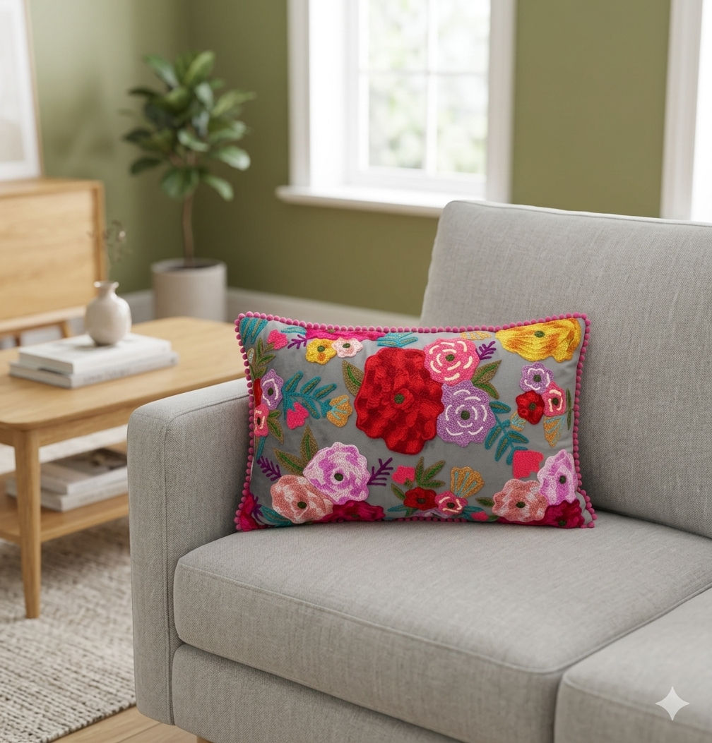  כרית רקומה פרחים באפור