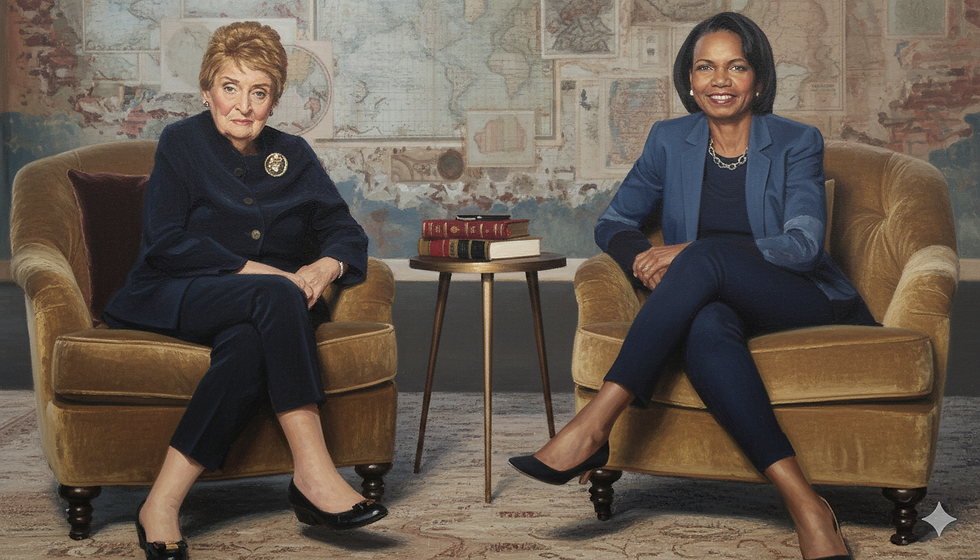 Madeleine Albright y Condoleezza Ricesentadas en sillones amarillos frente a una mesa con libros. Fondo de mapas antiguos. Ambas sonríen, ambiente formal.