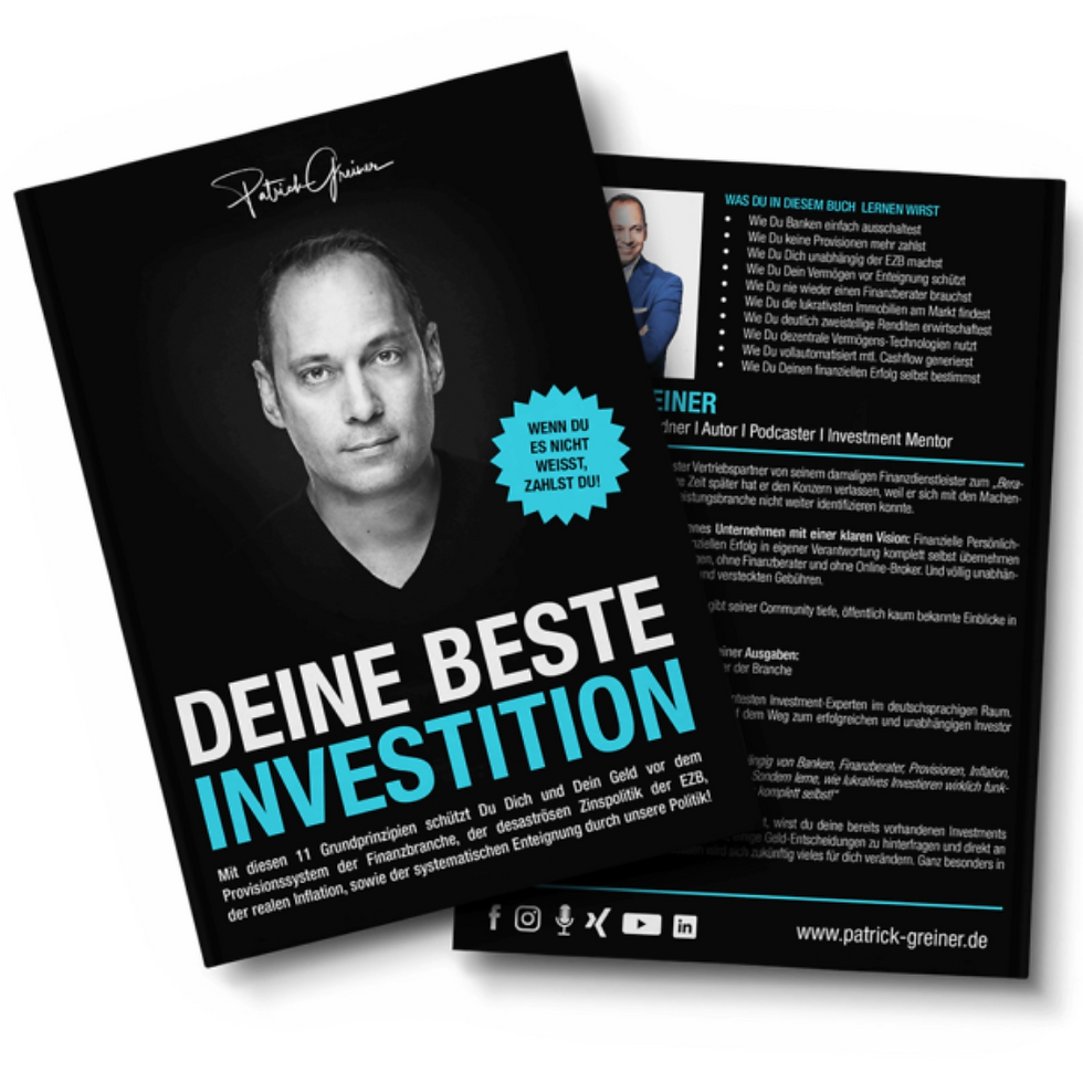 Cover des Buches Deine beste Investition von Patrick Greiner, ein Leitfaden zur Identifizierung und Umsetzung der effektivsten Investitionsstrategien für langfristigen Erfolg.