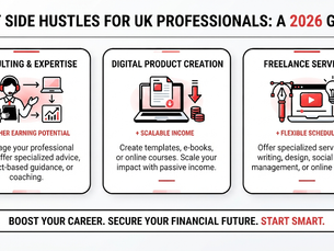 Infographic on best side hustles for UK professionals in 2026: consulting, digital products and freelance services with icons.