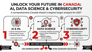 Infographic: Unlock your future in Canada with AI, data science and cybersecurity pathways, icons, and post-graduation options.