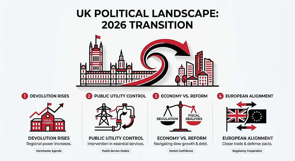 UK Political Landscape: 2026 Transition infographic with Parliament, city icons, and four themes: devolution, utilities, economy, Europe.