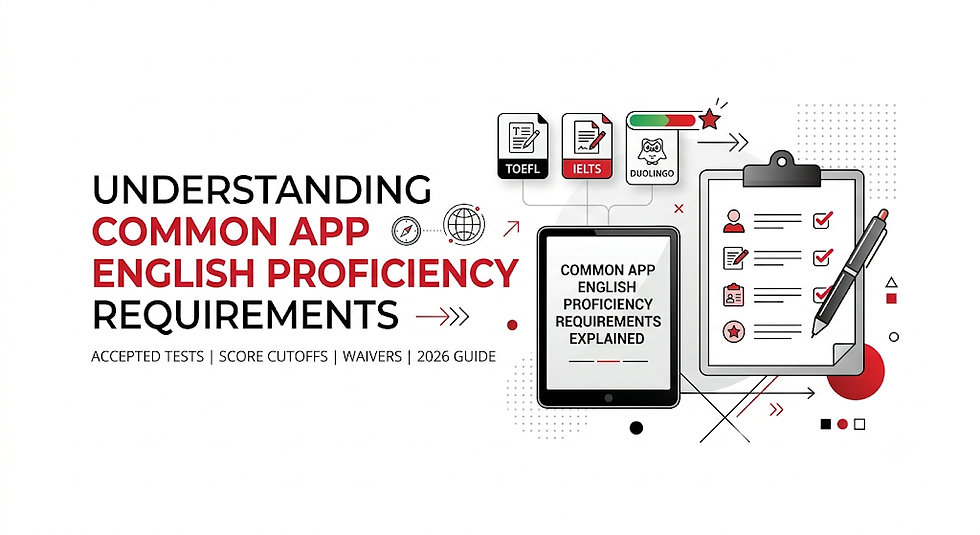 Infographic on Common App English proficiency requirements, with TOEFL, IELTS and Duolingo icons, tablet, clipboard checklist.