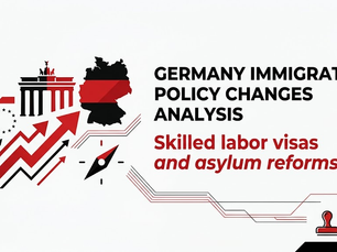 Infographic on Germany immigration policy changes analysis, with red-black arrows, Germany map, and 2026 update text.