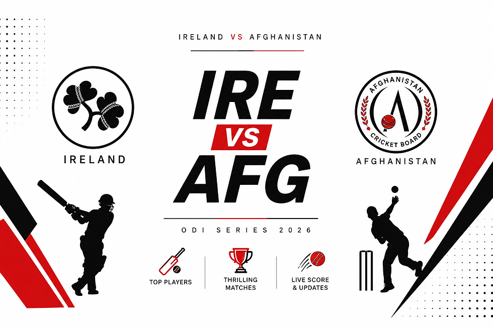 IRE vs AFG ODI Series 2026 poster with team logos, batter and bowler silhouettes, and Top Players, Thrilling Matches, Live Score.