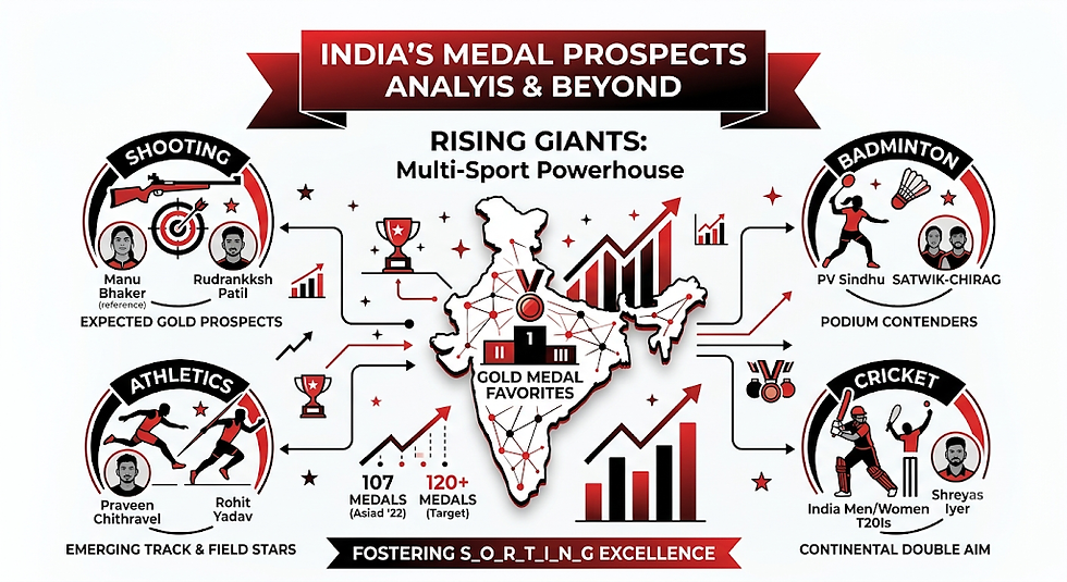Infographic on India’s medal prospects, with sports icons around a map of India, gold medal favorites, and 107 medals vs 120+ target.