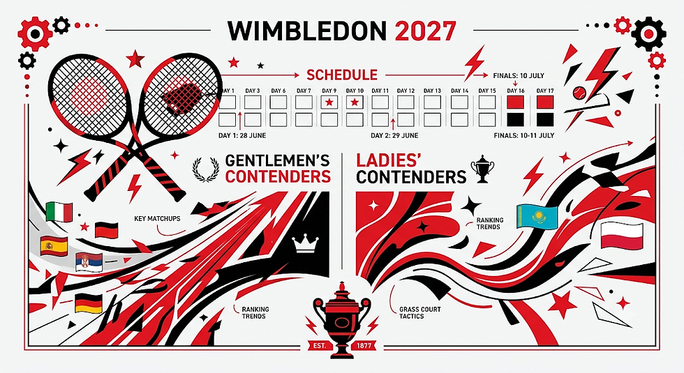 Wimbledon 2027 schedule infographic with crossed tennis rackets, men’s and ladies’ contenders, flags, and red-black graphics.