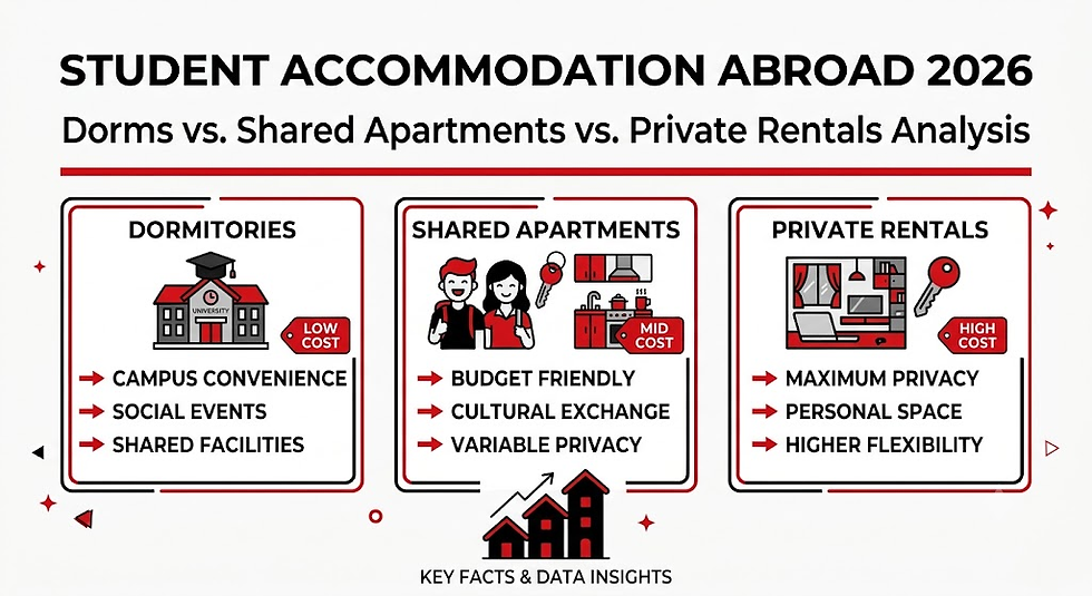 Infographic comparing 2026 student housing: dormitories, shared apartments, private rentals, with costs, privacy, and convenience.