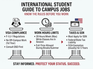 Infographic on international student campus jobs with visa compliance, work hour limits, and taxes/SSN rules on a white background.
