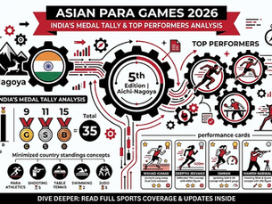 Infographic for Asian Para Games 2026 shows India’s medal tally, top performers, athlete icons, and Aichi-Nagoya graphics.