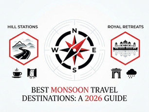 Infographic with compass and icons for hill stations and royal retreats; text reads Best Monsoon Travel Destinations: A 2026 Guide