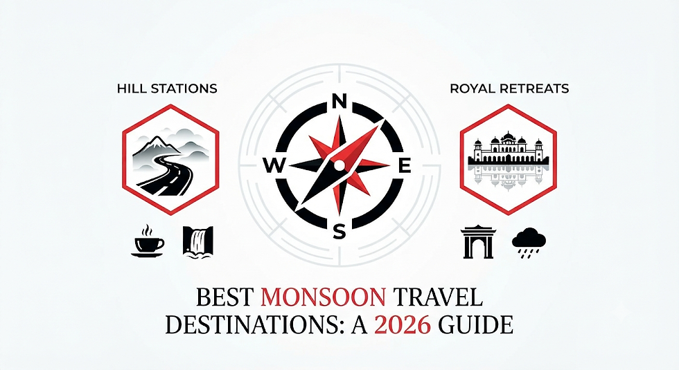 Infographic with compass and icons for hill stations and royal retreats; text reads Best Monsoon Travel Destinations: A 2026 Guide