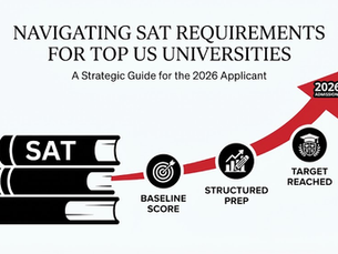 Infographic on SAT prep for top US universities, with SAT books, baseline score, structured prep, and a red arrow to target reached in 2026
