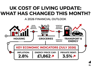 Infographic on UK cost of living, showing housing, groceries, transport and energy rising; 2026 outlook with inflation 2.8% and rent up.