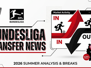 Graphic for Bundesliga transfer news with rising red arrow, falling black arrow, DFL logo, and 2026 summer analysis & breaks text.