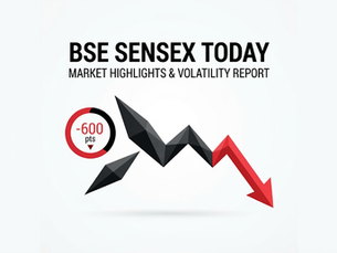 BSE Sensex Today market highlights graphic showing a -600 pts drop with a red downward arrow and black zigzag on white background.