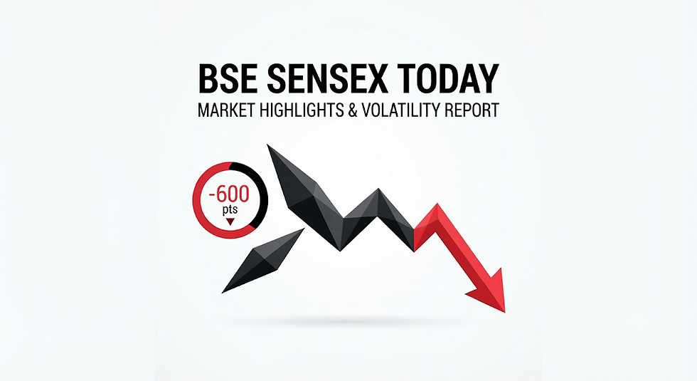 BSE Sensex Today market highlights graphic showing a -600 pts drop with a red downward arrow and black zigzag on white background.