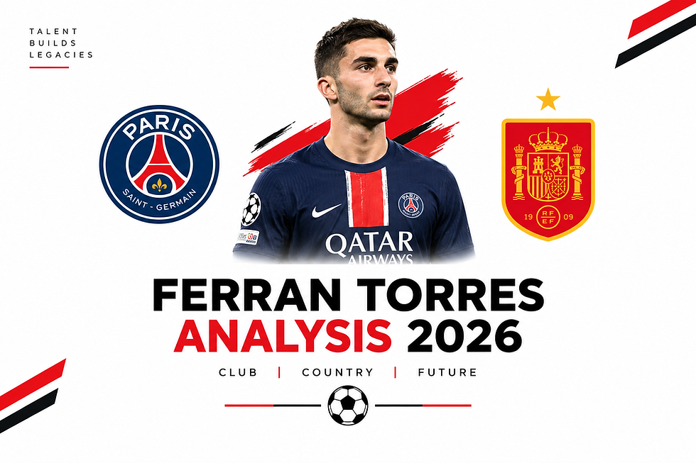 Ferran Torres in PSG kit beside PSG and Spain crests, with text FERRAN TORRES ANALYSIS 2026 on a white graphic poster.