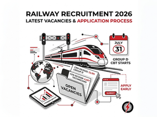 Infographic for Railway Recruitment 2026 with train, July 31 calendar, open vacancies, apply early, and submit button.