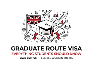 UK graduate visa poster with flag, cap, plane and charts over diplomas; text reads Graduate Route Visa, 2026 edition.