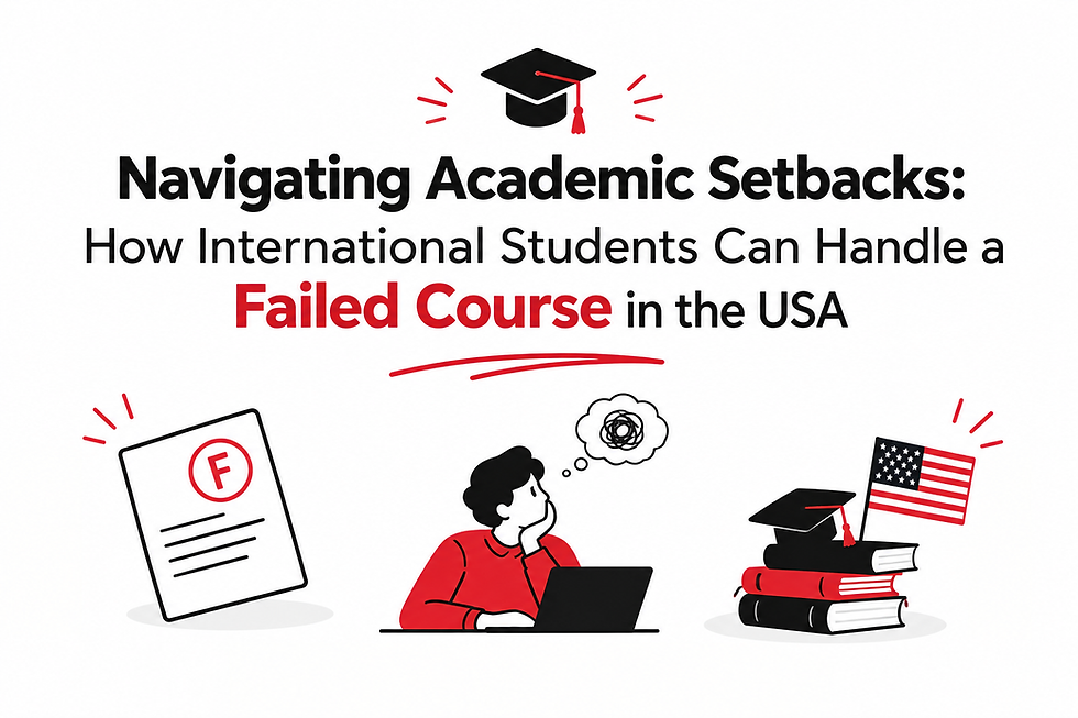Poster about academic setbacks: Navigating Academic Setbacks and how international students handle a failed course in the USA, with F grade, student, books, cap, flag.