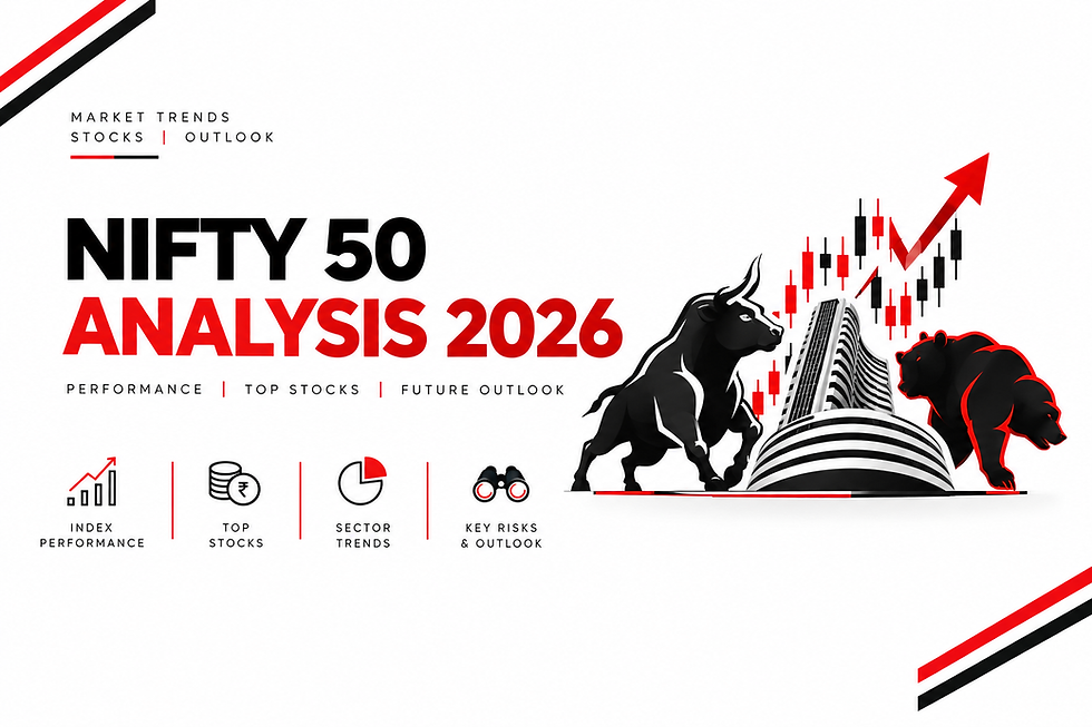 NIFTY 50 Analysis 2026 poster with bulls, rising candlestick chart, upward red arrow, and labels on market trends and stocks