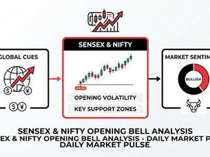 Infographic on Sensex & Nifty opening bell analysis with global cues, rising candlestick chart, bullish sentiment, and support zones.