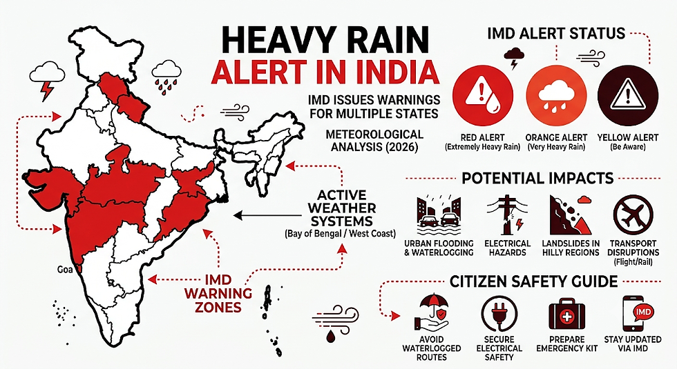 Infographic map of India showing heavy rain alerts, red warning zones, IMD status icons, and safety guidance for flooding and storms