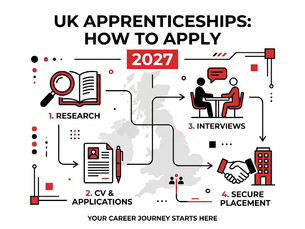 Infographic titled UK Apprenticeships: How to Apply 2027 shows 4 steps: research, CV applications, interviews, secure placement.