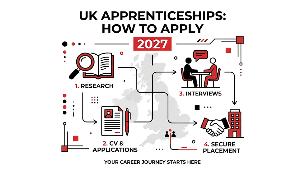 Infographic titled UK Apprenticeships: How to Apply 2027 shows 4 steps: research, CV applications, interviews, secure placement.
