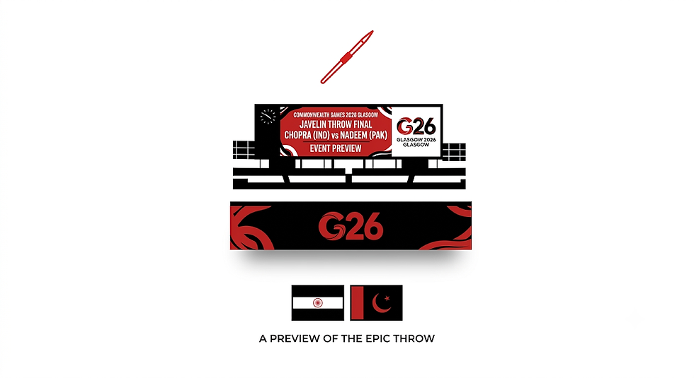 G26 poster preview for javelin throw final, with red javelin icon, flags of India and Pakistan, and text A PREVIEW OF THE EPIC THROW