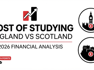 Infographic titled Cost of Studying: England vs Scotland, 2026 Financial Analysis, with rising chart icon and UK city cost symbols.