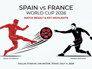 Spain vs France World Cup 2026 graphic: red Spain player kicks ball past black France player, FT 2-0, Dallas Stadium.